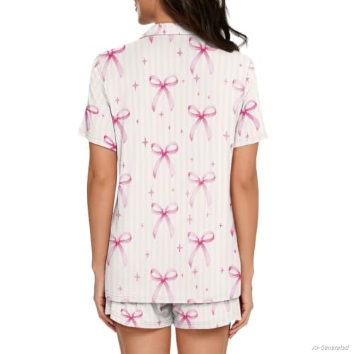 Image of Renewold Button Down Womens Pajama Set Short Sleeve Loungewear Bow Nightwear Sleepwear Night Suit Tops Shorts 2 Pieces