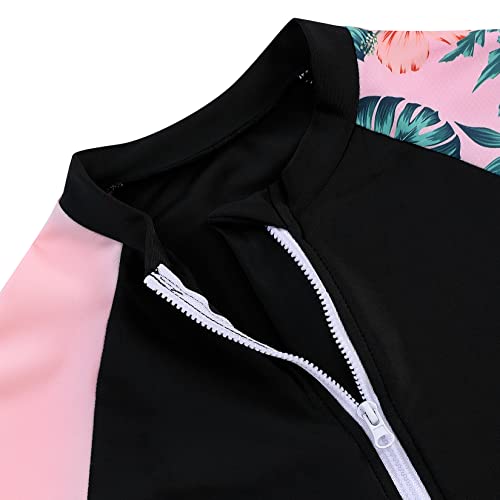 Image of Girls One Piece Rash Guard Swimsuit Long Sleeve Swimsuits with Zipper Patchwork Beach Bathing Suit for Kids 4-13 Years