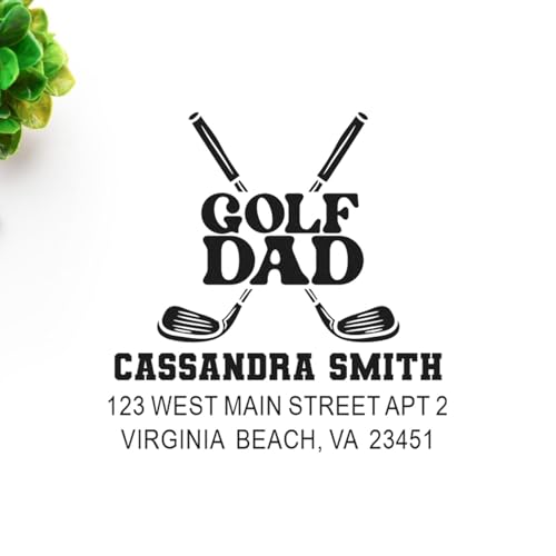 Image of Golf Dad Pride Club Wood Handle Rubber Stamp - Crafter Address Stamp | Hand Stamp With Wood Handle. Any standard pad works. Personalized Golf Stamp. Takes permanent ink. 3 lines of custom text.