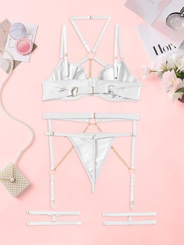 Image of Lilosy Sexy Pu Leather Strappy Underwire Garter Belt Lingerie Set