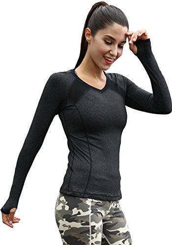 Long Sleeve T Shirts for Women Workout Tops Athletic Yoga Running Shirts V Neck with Thumb Holes Grey, M