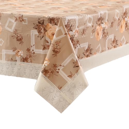 Image of Dakshya Industries 6 Seater PVC Waterproof Dining Table Cover 60x90 Inch | Floral Printed Washable Table Cloth with Lace Border