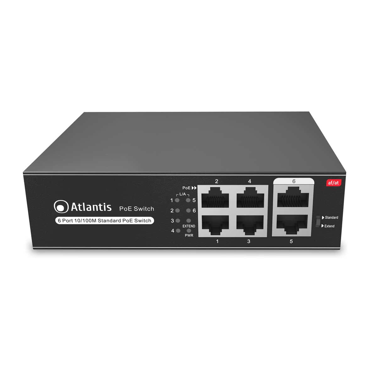 Przełącznik Atlantis 6 portów 10/100Mbps 4 porty poe do 65W, każdy port do 30W, pulpit i stojak, wewnętrzny skrzydłowy, metalowa obudowa, A02-F6P4-65W, funkcja VLAN i rozszerzona, do 250m, tryb A