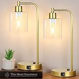Industrial Touch Control Table Lamps Set of 2 - Gold Nightstand Bedside Lamps with 2 USB Ports & AC...