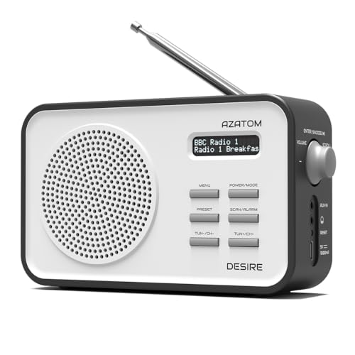 DAB/DAB+ & FM Portable Digital Radio | Simple Controls | Dual Alarms & Sleep Timer | Bluetooth | Rechargeable Battery | Perfect for Home, Office or Outdoors | AZATOM Desire (Black)