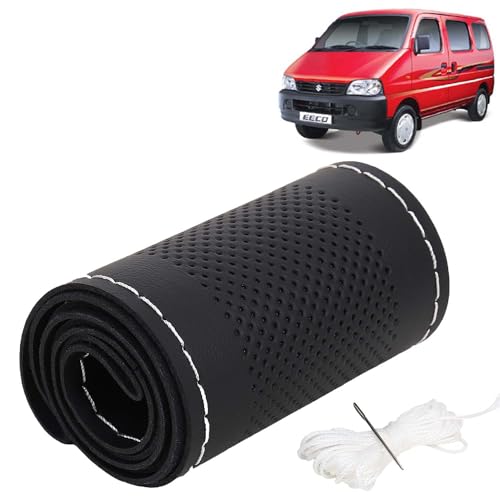 Image of KINGSWAY PU Leatherite Car Steering Cover Sewable Compatible with Maruti Suzuki Eeco (Year 2010 Onwards), Black Color with Silver Thread, Pack of 1 with Sewing Needle and Thread