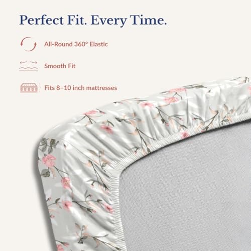 Image of Jaipur Weaves King Size Elastic Fitted Bedsheet, 100% Pure Cotton King Size Fitted Bedsheet for Double Bed with 2 Pillow Covers, 240 TC, 72x78 Inches up to 8-inch Mattress, Floral (Spring Tulips Grey)