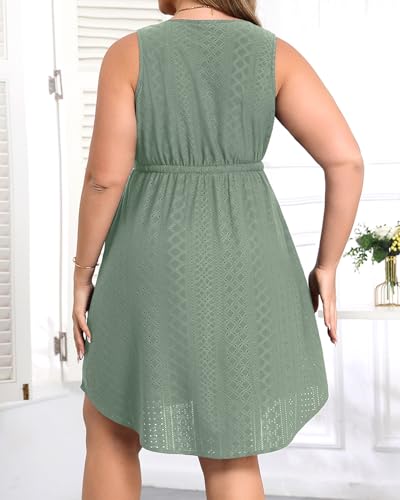 Image of Talisea Plus Size Summer Dresses - Casual Beach Eyelet Sleeveless Tank V Neck Button Down Swing Short Sundress Pockets Women
