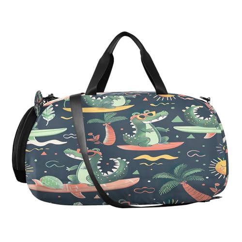 YETTASBIN Sport Travel Duffel Bag for Girls Boys, Cool Crocodile Large Waterproof Weekender Overnight Bag, Detachable Shoulder Strap Gym Bag with Shoe Compartment & Wet Pocket2