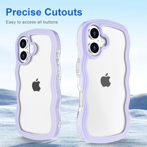 Image of GoldKart iPhone 16 Case Wavy Edge Clear Back Design, Anti-Slip Grip Cute Wave Curly Frame Shape Shockproof Soft TPU & Hard PC Bumper Protective Phone Case Cover for Women Girls - Purple