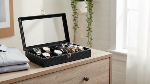 Image of Leather Watch Organizer with Glass Display (Black& Black, 6)
