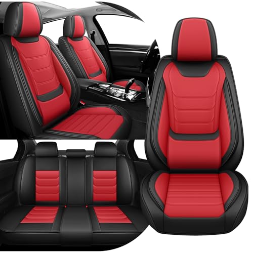 Image of Car Seat Cover Full Set for Toyota Camry Hybrid Seat Covers 2007-2024, Nappa Leather Waterproof Seat Covers For Cars, Airbag Compatible, Universal Automotive Seat Covers(Standard Full Set /Black Red)