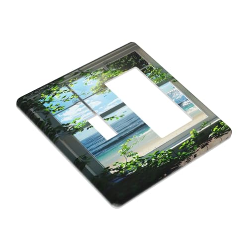 Decorative Outlet Covers Window Beach Seascape View Green Leaves 2 Gang 1 Gang Wall Plate Cover Single Toggle Rocker Combo Light Switch Cover Plate Face Plate for Bathroom Decor