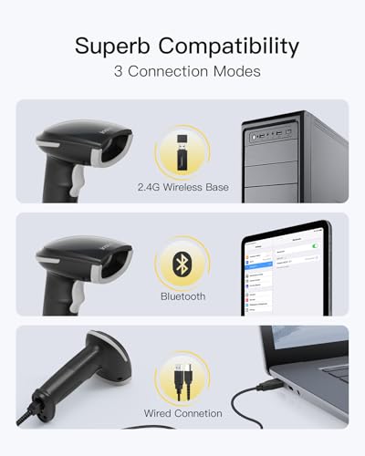 Image of Inateck 2D Barcode Scanner with Intelligent Stand, Wireless QR Code Scanner, Handheld Scanner with APP and SDK, 2D Imager with 2600mAh Battery, BCST-35 Gray