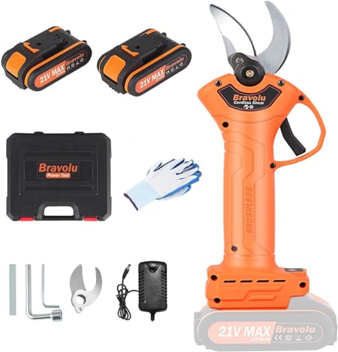 Electric Pruning Shears, Bravolu 21V Professional Power Secateurs Battery Powered, 2 x 2Ah...