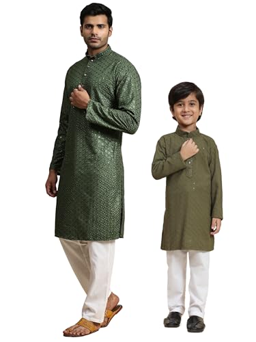 Image of Pro-Ethic Style Developer Men Silk Striped Father Son Matching Ethnic Wear Embroidery Mirror Work Kurta Pyjama Set |(Combo)B-117