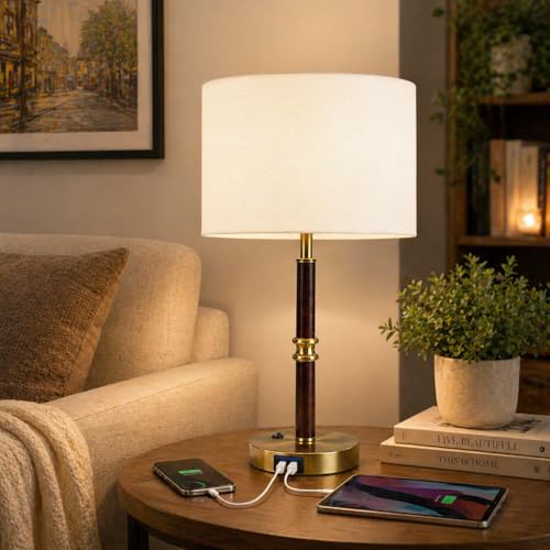 Image of Table Lamp for Bedroom with USB & AC Outlet, Bulb Not Included | 19.3 inch Wood & Metal Mid Century Lamps Table Lamp for Living Room,Bedside Table Lamp with Linen Shade, Weighted Base,Home Decor