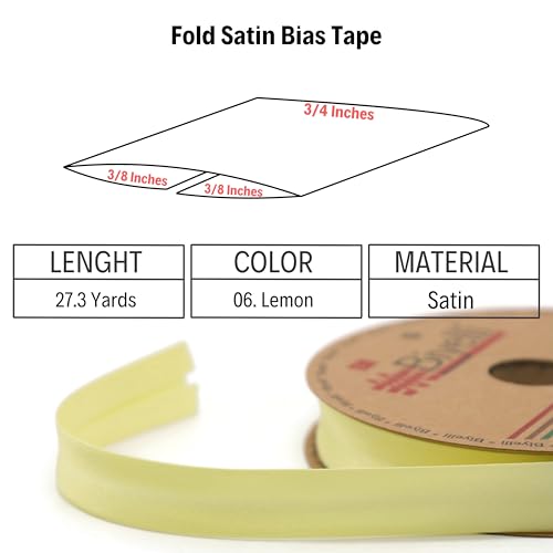 Image of Fold Satin Bias Tape - 99+ Colors - 3 /4 Inches Wide - 27 Yards - Fold Satin Binding Bias Ribbon Fabric Piping Bias Binding Tape for Sewing Clothing DIY (06. Lemon) BYS06