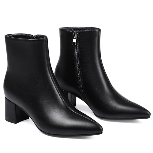 Image of Booties for Women Pointed Toe Ankle Boot Chunky Block Low Heel Boot | Comfortable Fall Winter Spring Side Zipper Faux Leather Short Boots Ladies Dress Boots for Daily Wear Office Work