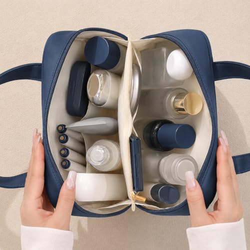 Image of WEMOL Large Opening Cosmetic Travel Bag for Women (Navy Blue Big) | Super Soft, For Brushes, Toiletries, Cosmetics