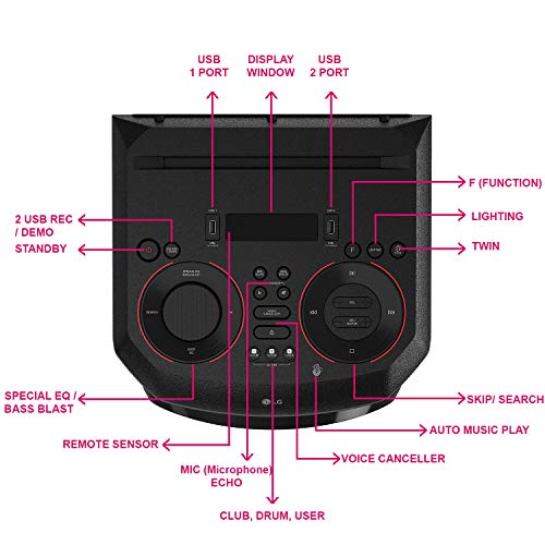 Image of LG RN5 500W Bluetooth, 2 USB, 1 MIC, Guitar, Karaoke Playback, DJ Effects, DJ Wheel, DJ Loop, DJ Pad, Sampler Creator, Multi-Color Lighting, Bass Blast XBOOM App Outdoor Speaker (Black)