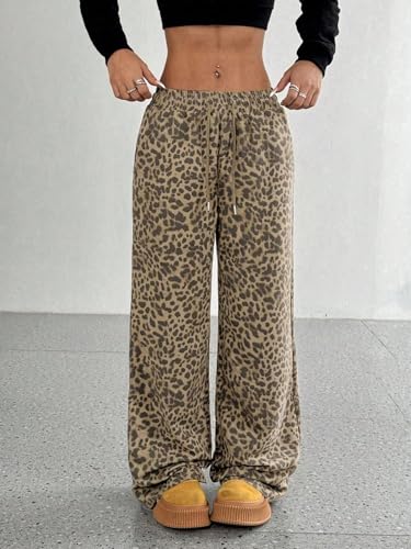 Women's Leopard Baggy Wide Leg Sweatpants Drawstring High Waisted Cheetah Print Lounge Barrel Trousers with Pockets3