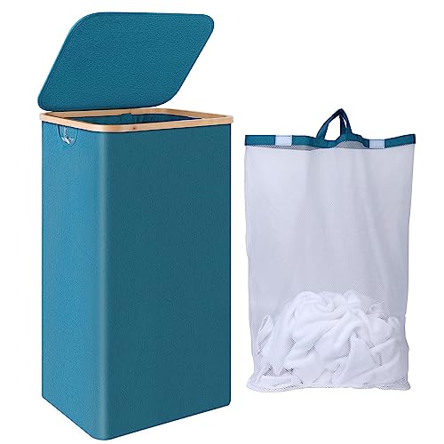 iEGrow Laundry Basket 110L, Laundry Baskets with Lid and Bamboo Handle, Extra Large Washing Basket with Removable and Washable Inner Bag for Laundry Room Bedroom Bathroom (Dark Green)