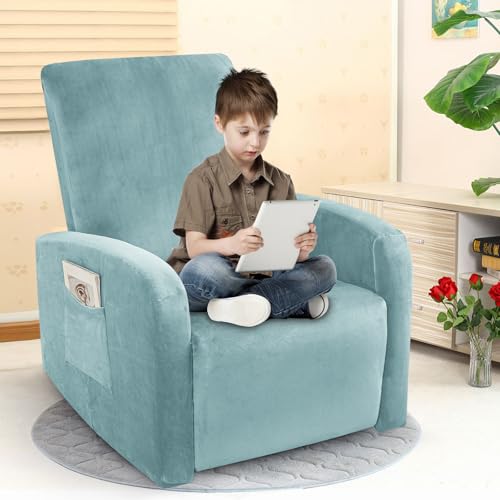 Image of ZNSAYOTX 2026 Velvet Small Recliner Cover 3-Piece, Luxury Plush Recliner Chair Covers with Elastic Band & Ties Stay in Place, Stretch Reclining Slipcover for Lazy Boy Soft Washable (Stone Blue)