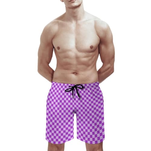 Purple Lilac Checkered Print Mens Swim Trunks, Quick Dry Swim Shorts with Mesh Lining Swimwear Bathing Suits2