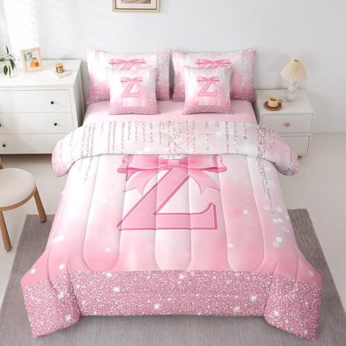 Image of Feelyou Boys Girls Pink Bowknot 7 Pieces Bedding Set Queen Size, Personalized Initial Z Comforter Set with Sheets Princess Glitter Bed in A Bag Kids Bow Monogrammed Teens Bed Set Bedroom Decor 7Pcs