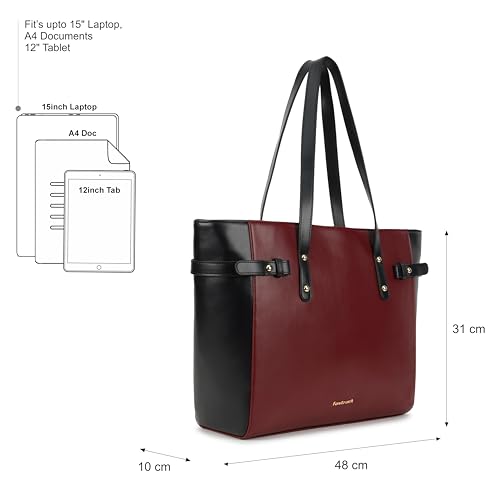 Image of Fastrack Black Powermode Laptop Tote For Women | Black Faux Leather Bag | Fits Upto 15 inch Laptop | Ladies Tote Bag with Zipper Closure & Utility Pockets