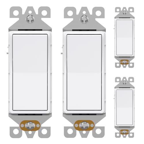 AIDA 4 Pack 3 Way Rocker Decora Light Switch, 15 Amp Self-grounding Electrical Light Switches, Residential Grade, UL Listed, Glossy White
