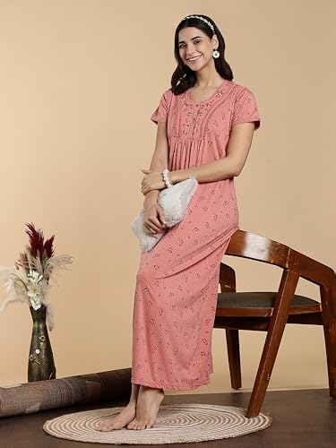 Image of 9shines Label Stylish Cotton Blend Embroidered Maxi Nightdress for Women with Pocket| Full Length Nightwear| Premium Nightdress| Comfortable Nightwear(5256)
