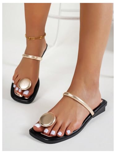 GORGLITTER Women's Metal Ring Strappy Flat Sandals Dressy Square Open Toe Leather Summer Vacation Slides4