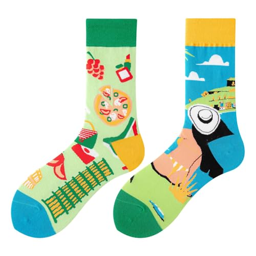 NxnChc Chaussettes Drôles Pour Femmes Et Hommes Unisexe Multi Motifs Italie Animaux Nourriture Sport Art Coton Cadeau Design Asymétrique Gauche-Droite