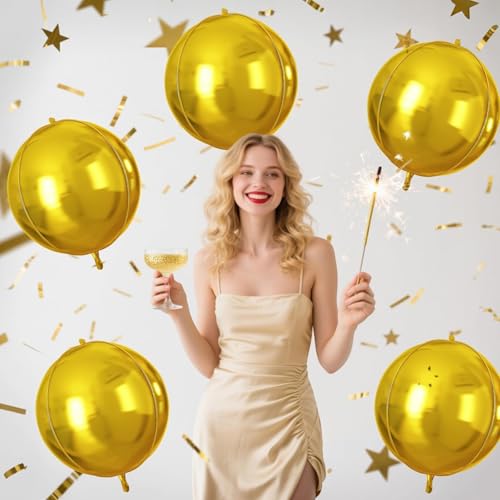 Image of 9 Pcs Gold Round Foil Balloons,22 Inch Metallic Gold Round Balloons | Gold Giant 4D Round Ball Balloons For Wedding Graduation Anniversary Birthday New Year Disco Party Decorations