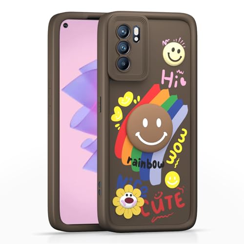 Image of Pikkme Back Cover for Oppo Reno 6 5G | Soft Silicone| Cute Rainbow Smile & 3D Cartoon Flower Design | Shockproof Raised Camera Protection Bumper Case (Brown)