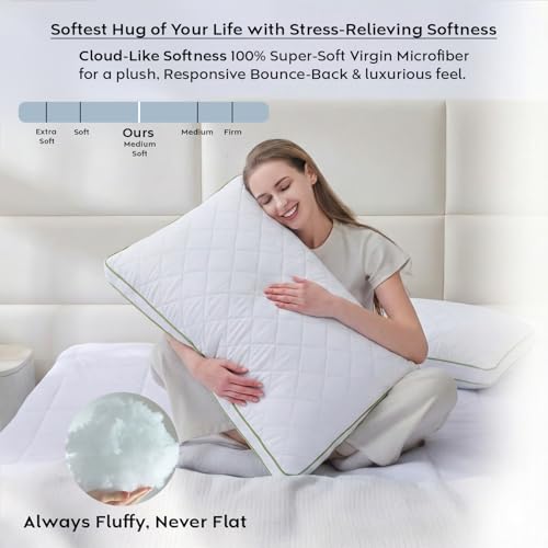 Image of AYKA Ultimate Quilted Bed Pillow Set of 2 | 100% Virgin Microfiber Filling for Neck & Shoulder Support | 17x27 inch Breathable Hotel Quality Pillows | Never Flat, Anti-Bacterial | Supersoft