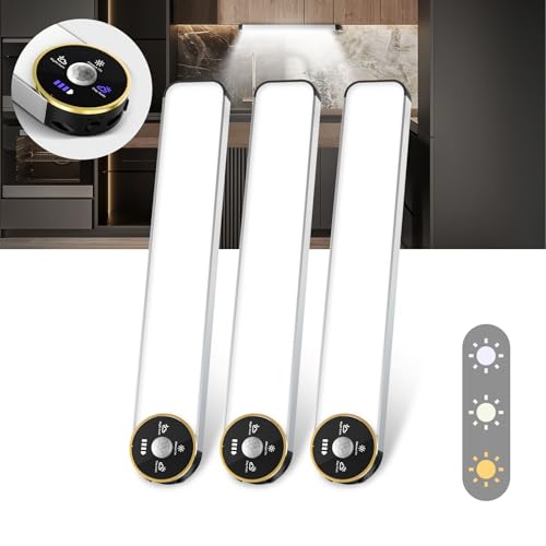 COLIJOY Under Cabinet Lighting, 50 LED Dimmable Motion Sensor Light, 3 Color Temps, Rechargeable 1600mAh Built-in Battery, Wireless Lighting for Kitchen, Closet, Stairways & Wardrobes (3-Pack)