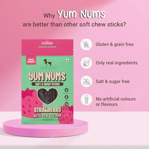 Image of Yum Nums by HUFT Soft & Chewy Sticks - 200 gm | Strawberry & Chicken | Dog Treats for Puppy & Adult Dogs | Training Treats for Small Dogs | Dog Snacks & Treats | Healthy & Tasty
