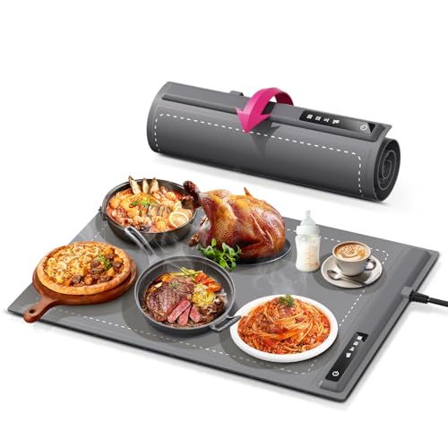 Food Warming Mat - Fast & Full Surface Heating, Silicone Heat Pad with 3 Adjustable Temperature for Buffets Parties, Rollable Electric Warming Tray,Kitchen Heated Plate,Countertop Food Warmer (Gray)