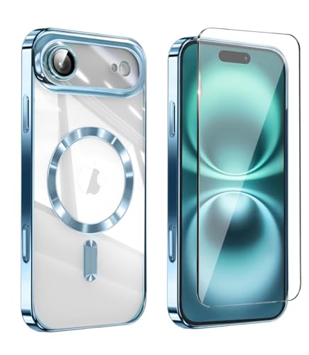 Image of Magnetic Glossy Case for iPhone 17 Air,iPhone 17Air Phone Case Slim Clear Luxury with Screen Protector & Camera Protector [Compatible with MagSafe], Shockproof Cover for iPhone Air 17-Blue
