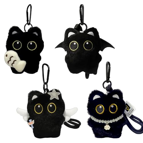FuYelng 4 Piezas General Llavero Peluche de Gato Negro, 8 cm Llavero Gato Negro Lindo Accesorio Decorativo de Muñeca Peluche, para Amantes de los Gatos Regalos Navideños Mochila Llave del Coche