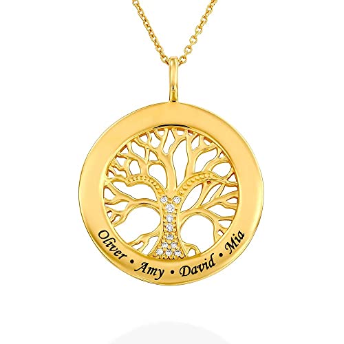 MYKA Collier Arbre de Vie avec Zircon Cubique en Argent 925 ou Plaqué Or - Sur Mesure Gravé Cadeau De Noël Pour Elle - Personnalisé Bijoux Cadeau Pour...