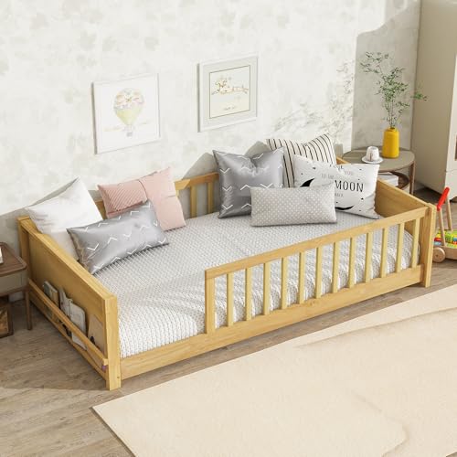 Image of Bellemave Twin Size Kids Montessori Floor Bed,Twin Floor Bed Frame with Slats and Bookcase,Solid Wood Montessori Bed for Girls Boys,Natural