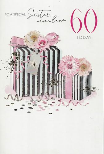 Tarjeta especial de 60 cumpleaños para cuñada, diseño floral rosa con cajas de regalo a rayas