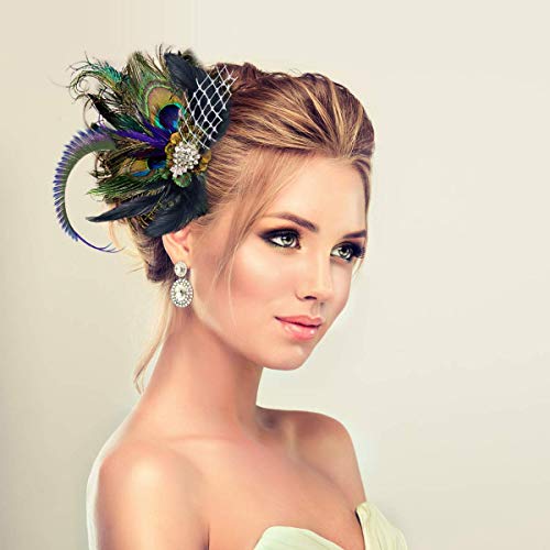 Number-one Fascinators Peacock Feather Hair Clip Headband Mesh Rhinestone Bridal Wedding Costume Cocktail Tea Party Photography Headwear Headdress Hair Accessories with Hairpin for Women - Thumbnail 3