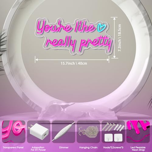Image of KHK You're Like Really Pretty Neon Sign Led Neon Lights Pink Neon Sign for Bedroom Led Sign USB Powered Neon Signs for Wall Decor Dimmable for Christmas Thanksgiving Birthday Party Girls Gifts