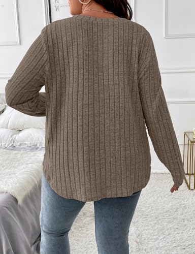 Image of Koscacy Women Plus Size Casual Knit Sweater V Neck Solid Color Tops Lightweight Long Sleeve Blouses