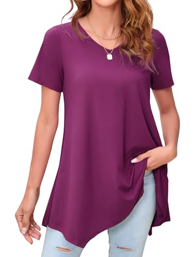 Enmain Tunique Femme Longue Grande Taille T Shirt Col V à Manche Courtes Chemisier Couleur Unie...